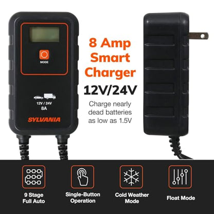 SYLVANIA - Smart Charger - Heavy-Duty, Portable Car Battery Charger - Make Charging Your Car Battery Easy - Use as Battery Maintainer & Charger - 12V or 24V Voltage Output - 8 AMP