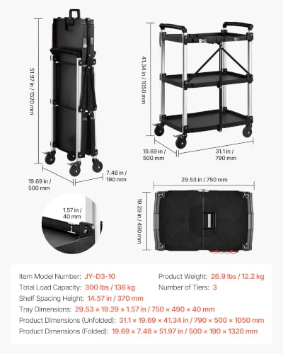VEVOR 3 Shelf Heavy Duty Folding Jobsite Cart, 3 Tier Rolling Cart with Side Tool Holder & 360° Swivel Wheels (2 Brakes), 300 LBS Folding Utility Cart, Tool Storage for Garage Warehouse Workshop - size: 31.1 x 19.69 x 41.34 in