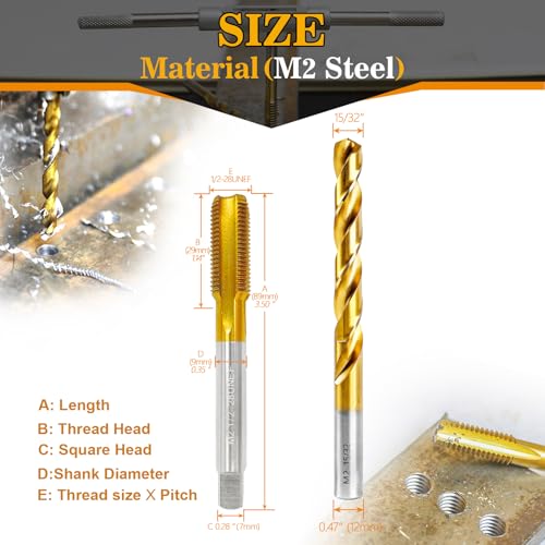 1/2"-28 UNEF Tap and 15/32" Drill Bit for Metal,M2 HSS Drill and Tap Set | Combination of Drill and Tap Kit for Metal - size: 1/2"-28 UNEF Tap - 15/32" Drill