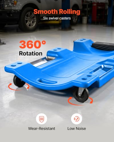 VEVOR 40 in Mechanic Creeper with LED Light, Low Profile Plastic Garage Creeper, 350 lbs Under Car Rolling Creeper with 6 Swivel Casters, Padded Headrest & Tool Trays for Auto Repair - color: Blue