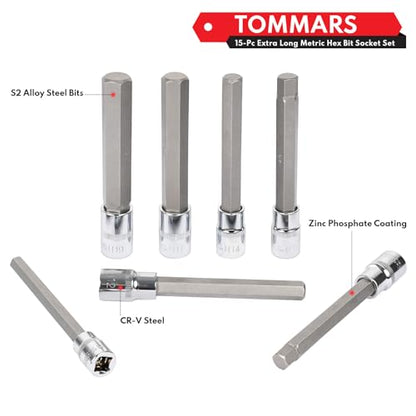 TOMMARS 15-PC Metric Extra Long Hex Bit Socket Set H2-H19 | Extra Long Socket Set, H2-H19, S2 Alloy Steel, 3/8" 1/2" Drive - style: 2-19mm(15PCS)