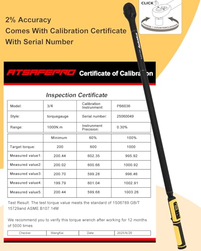 ATsafepro Digital Torque Wrench 3/4-Inch Drive, 15-1000 Nm(11-737.5 ft-lb),±2% Accuracy, Vibration/Buzzer/LED Alert,5 Units, 9 Presets & 500 Data Storage, 3/4 Torque Wrench for Truck, Heavy Machinery - style: 3/4" 11-737.5 FT.LB Digital Torque Wrench