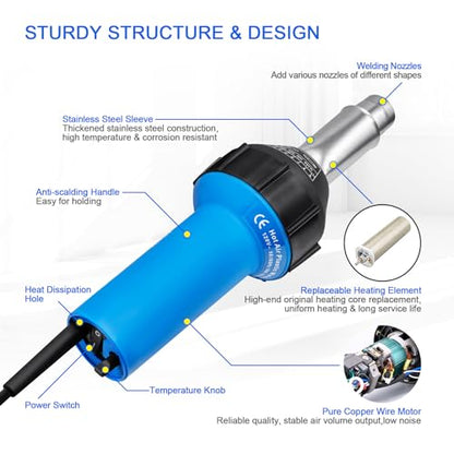 Hot Air Plastic Welder 1600W, Complete Accessories & Nozzles for Plastic Welding Roofing Kit 110V, Vinyl PVC TPO Roof Handheld Hot Air Heat Gun Plastic Welding Torch - size: Complete Accessories Ver. (In Carrying Case)