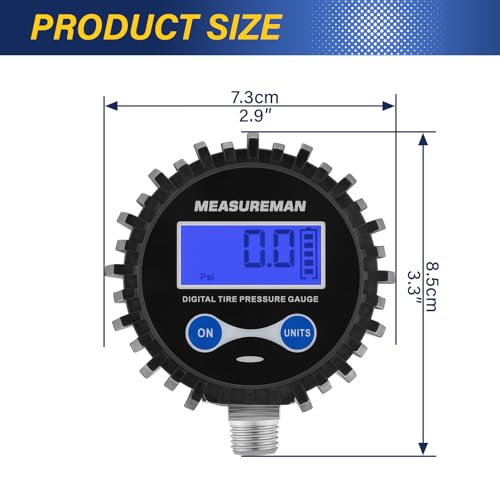 MEASUREMAN 2-1/2" Dial Size Digital Air Pressure Gauge with 1/4'' NPT Bottom Connector and Protective Boot, 0-250psi, Accuracy 1%, Battery Powered with LED Light Short Thread - size: Short thread, style: 0-250psi