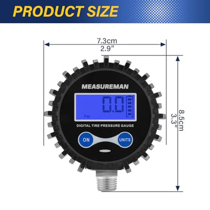 MEASUREMAN 2-1/2" Dial Size Digital Air Pressure Gauge with 1/4'' NPT Bottom Connector and Protective Boot, 0-250psi, Accuracy 1%, Battery Powered with LED Light Short Thread - size: Short thread, style: 0-250psi