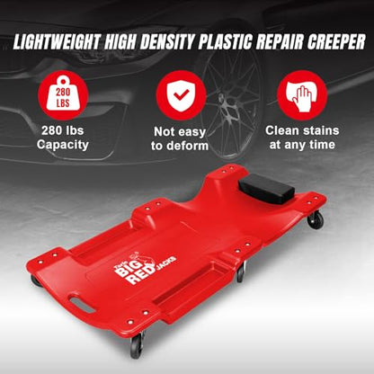 Big RED Torin Blow Molded Plastic Rolling Garage/Shop Creeper: 40" Mechanic Cart with Padded Headrest, Dual Tool Trays and 6 Casters, Red - style: Plastic Creeper