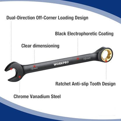 WORKPRO 9-Piece Anti-Slip Ratcheting Combination Wrench Set, Metric | 8-19 mm, 72-Teeth, Black Cr-V Wrenches Set with Roll Up Pouch, Anti-slip Wrenches for Automotive, Garage and Home Repairs - style: Metric