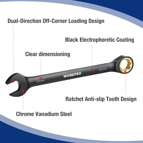 WORKPRO 9-Piece Anti-Slip Ratcheting Combination Wrench Set, Metric | 8-19 mm, 72-Teeth, Black Cr-V Wrenches Set with Roll Up Pouch, Anti-slip Wrenches for Automotive, Garage and Home Repairs - style: Metric