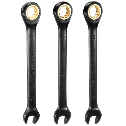 HARFINGTON 3Pcs Ratcheting Wrench Set 12-14mm Metric Open End Wrench 72-Teeth CR-V Steel 12 Point Nickel Plated Combination Ratchet Wrench for Fasteners Nut Bolt - size: 12mm/13mm/14mm