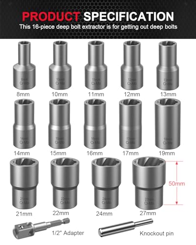Kolvoii 16-Piece 1/2" Drive Bolt Extractor Kit & Nut Extractor Socket Set | Lug nut removal tool with deep extractor sockets; reverse spiral flutes grip damaged bolts and rounded nuts - size: 16 PCS