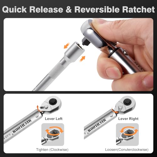 Bicycle Torque Wrench Set, 1/4-Inch, 5–25 Nm, 15-Piece Kit | Click wrench with torque control in both directions, 0.25 Nm increments, 4-inch extension, 13 bits and case.