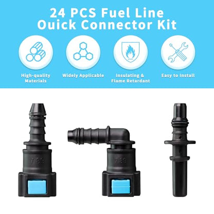 Fuel Line Quick Connect Kit 24PCS,Assorted 5/16 3/8 Fuel Line Fittings Nylon Straight Push-On Release Hose Connector