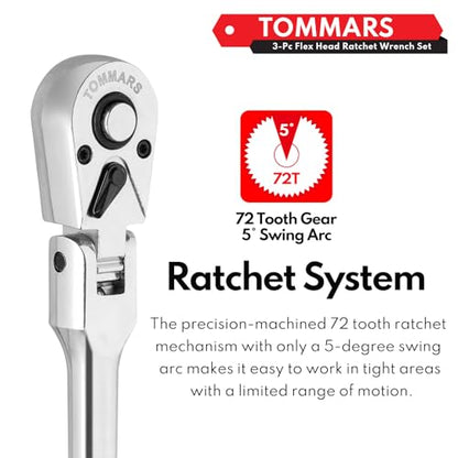 TOMMARS Flex Head Ratchet Set, 1/4", 3/8", 1/2" Drive Socket Wrench Kit | Mechanic Hand Tool Kit, Flexible, 72 Tooth 5-degree swing arc, Quick Release, Reversible - size: 1/4", 3/8", 1/2" Drive, style: Flex Head Standard Ratchet Set