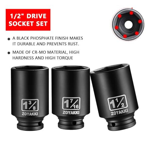 1/2" Drive Deep 6-Point Impact Socket Set,7 PCS Standard SAE (1-3/4 to 1-3/8inch) Spindle Axle Nut Impact Socket Set,Cr-Mo Alloy Steel for Auto Repair, Storage Case - size: 1/2" SAE 7PC Set