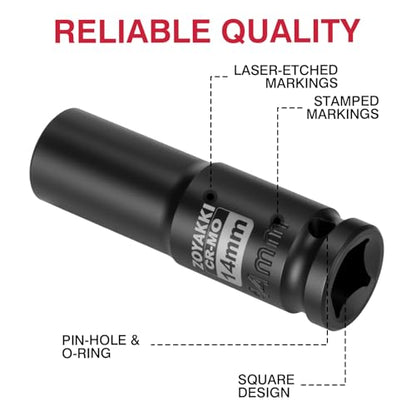 1/2" Drive 14mm Deep 6 Pt CR-MO Metric Impact Socket for Axle Nuts - size: 14mm, style: 1/2" Drive Deep