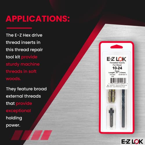 E-Z Hex Thread Repair Kit for Soft Wood Flush Threaded Inserts 10-24 x 13mm, Drill, Installation Tool - size: 10-24 x 13mm (EZ-801024-13), style: Flush