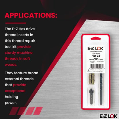 E-Z Hex Thread Repair Kit for Soft Wood Flush Threaded Inserts 10-24 x 13mm, Drill, Installation Tool - size: 10-24 x 13mm (EZ-801024-13), style: Flush