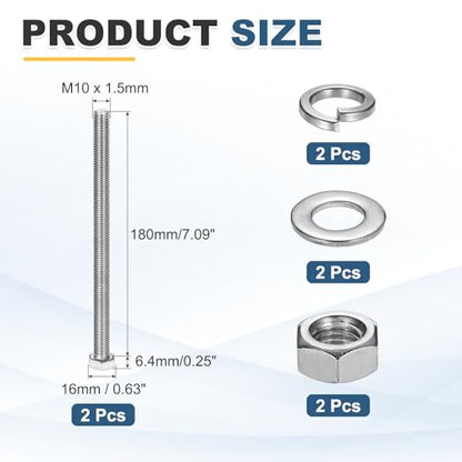 MECCANIXITY M10 x 180mm 304 Stainless Steel Hex Head Screws Bolts, Nuts, Flat & Lock Washers Assortment Kit, Fully Threaded, Bright Finish for Home, Electronic, Machine, 2 Sets - size: M10 x 180mm