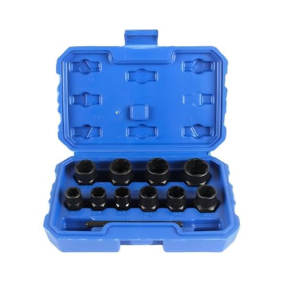 11pcs Twist Socket Set, 9-19mm Lug Nut Remover Set Damaged Bolt Screw Nut Extractor Tool Set Including a Punch Rod - size: 9-19mm 11pcs