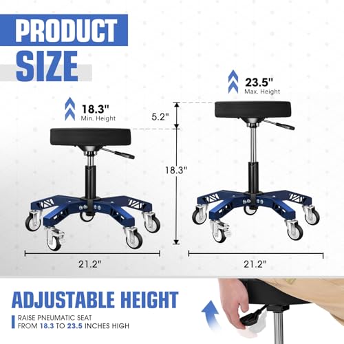 DNA Motoring Rolling Shop Stool, Adjustable Height Padded Rolling Seat, Pneumatic Roller Mechanic Stool for Garages, 300lbs Capacity, TOOLS-00635-BK-BL - style: 5 Wheel Blue