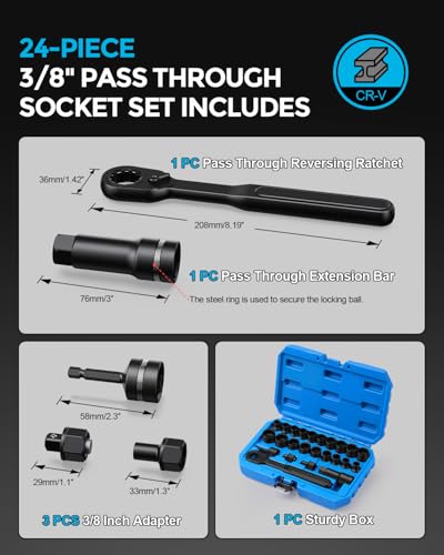 3/8-Inch Drive Pass Through Socket Set, 24-Piece Go-Thru Ratchet Kit, Metric & SAE, Low Profile for Long Bolts & Tight Spaces, Includes Extension Bar & Adapters, Cr-V Steel - size: 24 Pcs