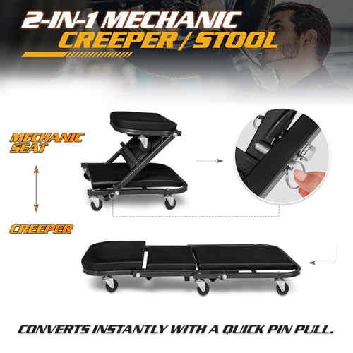 Magshion 36" Z-Creeper Seat Foldable Under Car Creeper, 330 lbs Capacity All-in-One Adjustable Roller Garage Chair Lay Down or Sit, 6 Wheels (Black) - color: Black, size: 36"