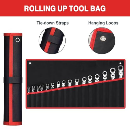 16PCS Flex Head Ratcheting Wrench Set, 6-24 mm Metric Combination Wrench Set with Roll-Up Pouch, 72-Tooth Chrome Vanadium Steel, Professional Tool for Automotive Repair and Home Maintenance - size: 16-pcs + Red Pouch