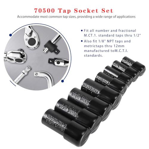 Tap Socket Set – 70500, 8-Piece Tap Sockets for 1/4" & 3/8" Drive, Fits MCTI Standard Taps up to 1/2", 1/8" NPT, and Metric Taps to 12mm