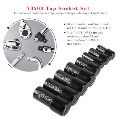 Tap Socket Set – 70500, 8-Piece Tap Sockets for 1/4" & 3/8" Drive, Fits MCTI Standard Taps up to 1/2", 1/8" NPT, and Metric Taps to 12mm