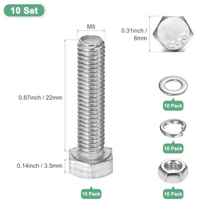 M METERXITY 10-Pack Hex Head Screw Bolt with Nuts Flat & Lock Washers M5x22mm Stainless Steel Bolts and Nuts Kit Fully Threaded Metric Bolt Assortment for Equipment/Machinery - size: M5x22mm