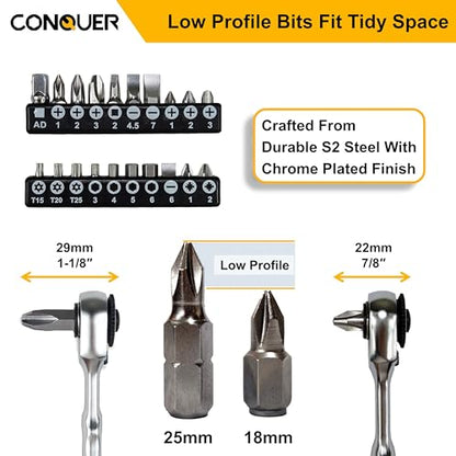 CONQUER 22pc Mini Ratchet Screwdriver Set, 1/4" Right Angle Phillips Kit | 72-tooth gear, 5° swing, 48 ft-lbs torque, Cr-V/S2 steel, spin disk, quick-release bits, EVA tray, EDC tight-space tool - style: 22 PC Mini Ratchet set