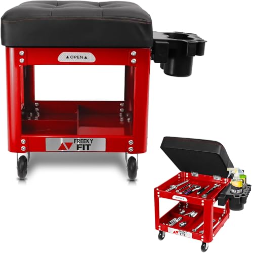 Rolling Creeper Garage Shop Seat for Men, Padded Mechanics Stool with Tool Tray Storage for Garage, Rolling Workshop Stool with Wheels, Auto Creeper Seat, 330 LBS Capacity, Heavy Duty, Red - color: Red