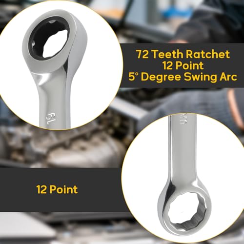 19mm Ratcheting Wrench 2 Pcs 72-Tooth 12-Point Chrome Plated | Forged 45# Carbon Steel Durable, 5-Degree Arc For Tight Spaces, 12-Point Protects Fasteners, Polished Chrome Anti-Rust - size: 19mm