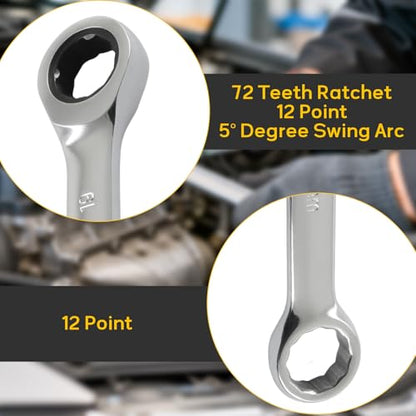 19mm Ratcheting Wrench 2 Pcs 72-Tooth 12-Point Chrome Plated | Forged 45# Carbon Steel Durable, 5-Degree Arc For Tight Spaces, 12-Point Protects Fasteners, Polished Chrome Anti-Rust - size: 19mm