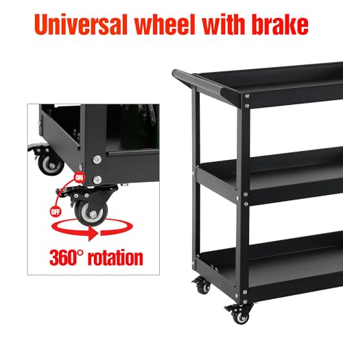 3 Tier Heavy Duty Rolling Tool Cart, Industrial Steel Service Cart for Garage, Workshop, Warehouse, 330LBS Capacity, Black Mechanics Tool Trolley with Wheels and Handle