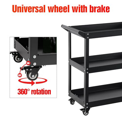3 Tier Heavy Duty Rolling Tool Cart, Industrial Steel Service Cart for Garage, Workshop, Warehouse, 330LBS Capacity, Black Mechanics Tool Trolley with Wheels and Handle