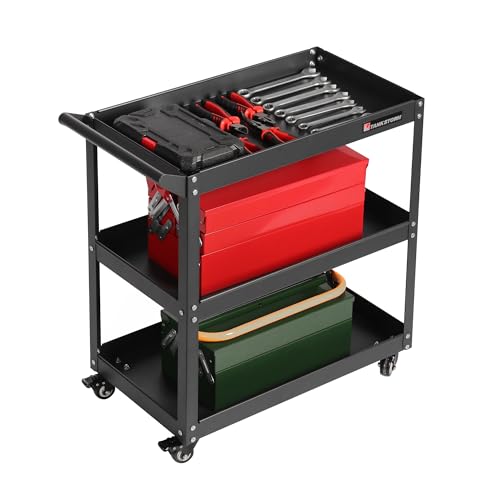 3 Tier Heavy Duty Rolling Tool Cart, Industrial Steel Service Cart for Garage, Workshop, Warehouse, 330LBS Capacity, Black Mechanics Tool Trolley with Wheels and Handle