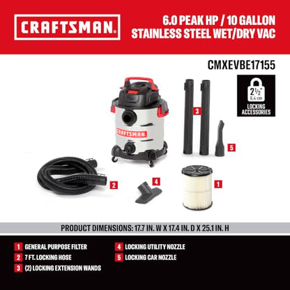CRAFTSMAN CMXEVBE17155 10 Gallon 6.0 Peak HP Stainless Steel Wet Dry Vac