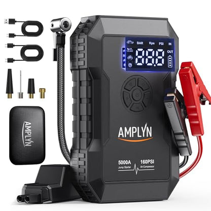 Car Jump Starter with Air Compressor,Jumper Box,12v Battery Charger | portable,160 psi pump pressure,5000A start pk,24000mAh booster pack, 60W fast charging power bank,outdoor emergency kit - color: Black