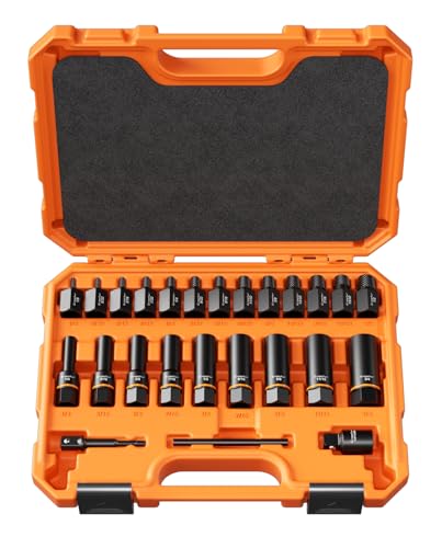 Crosstar 25PCS Bolt Extractor Kit, 3/8" Drive Screw & Nut Remover Set, Deep Socket for Stripped, Rusted, Broken Bolts, Includes Adapter, Extension Bar, Knockout Pin - size: Pro 25Pcs Set