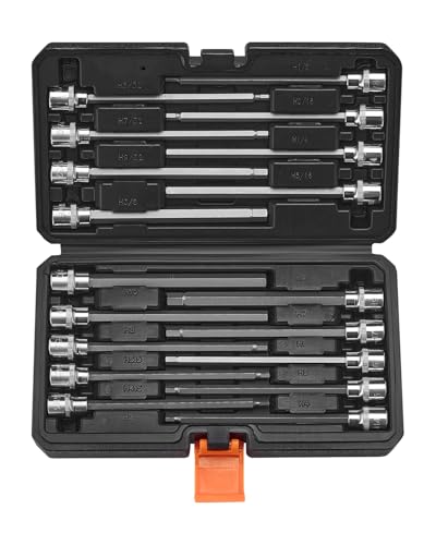 VEVOR Extra Long Allen Hex Bit Socket Set, 18-Piece 3/8 inch Drive, S2 Alloy Steel and Cr-V Steel, Standard SAE and Metric 1/8-Inch-3/8-Inch, 3-12mm, with Enhanced Storage Case, for Mechanics - style: 18 PCS Hex