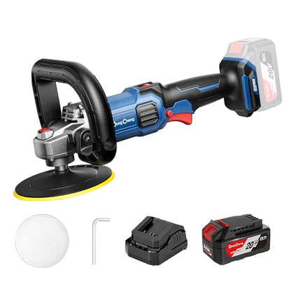 Dong Cheng 20V Brushless Cordless Polisher, Includes 4.0Ah Batteries, 500-3000RPM Buffer Polisher, 6-Speed with 6" Car Polisher Pad, Rotary Polisher for Car Detailing & Polishing.