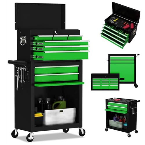 8-Drawer High Capacity Rolling Tool Chest, Removable Cabinet Storage Tool Box with Wheels and Drawers, Detachable Toolbox with Lock for Workshop Mechanics Garage(Black&Green) - color: Black&green