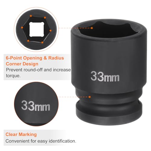 HARFINGTON 6-Point Impact Socket 3/4" Drive 33mm Metric 40Cr Alloy Steel Spindle Axle Nut Impact Socket - size: 33mm