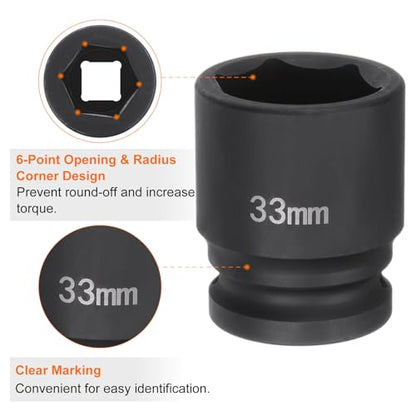 HARFINGTON 6-Point Impact Socket 3/4" Drive 33mm Metric 40Cr Alloy Steel Spindle Axle Nut Impact Socket - size: 33mm