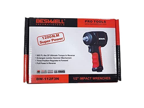 BESWELL BW-112F3N 1/2-Inch Stubby Air Impact Wrench - 885 Ft-Lbs Max Torque | Heavy-duty jumbo hammer air tool. Ideal compact impact gun for tight engine spaces, brake repair & auto maintenance.