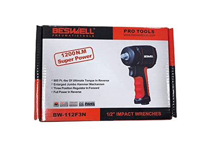 BESWELL BW-112F3N 1/2-Inch Stubby Air Impact Wrench - 885 Ft-Lbs Max Torque | Heavy-duty jumbo hammer air tool. Ideal compact impact gun for tight engine spaces, brake repair & auto maintenance.