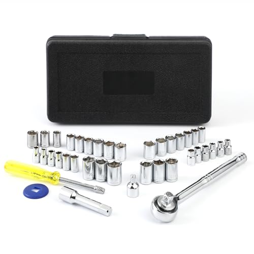 40 Pieces 1/4-Inch & 3/8-Inch Entry-level Drive Socket Set with Reversible Ratchet, Wrench Set with Extension bar, SAE/Metric for Starter Socket Wrench Set for Light Duty Use