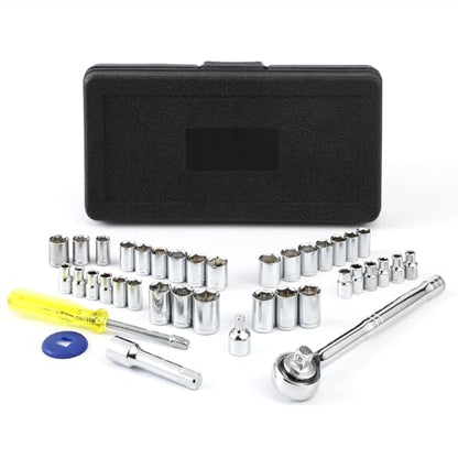 40 Pieces 1/4-Inch & 3/8-Inch Entry-level Drive Socket Set with Reversible Ratchet, Wrench Set with Extension bar, SAE/Metric for Starter Socket Wrench Set for Light Duty Use