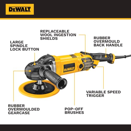 DEWALT Buffer Polisher, 7-in-9-in, 12 amp, Variable Speed Dial 0-3,500 RPM’s, Soft Start Corded Car Buffer (DWP849X)